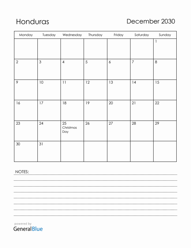 December 2030 Honduras Calendar with Holidays (Monday Start)
