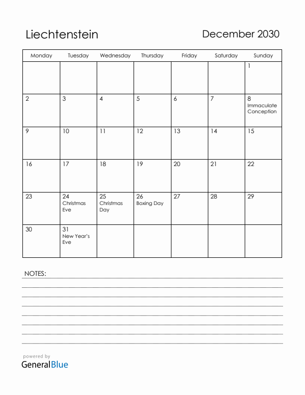 December 2030 Liechtenstein Calendar with Holidays (Monday Start)
