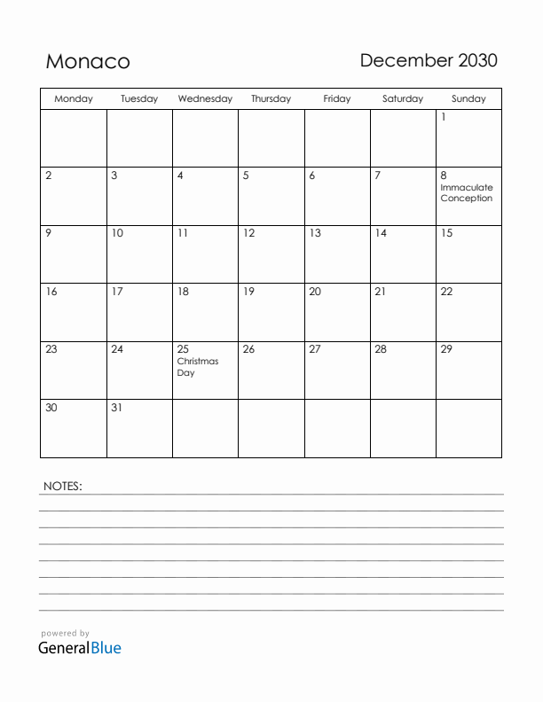 December 2030 Monaco Calendar with Holidays (Monday Start)
