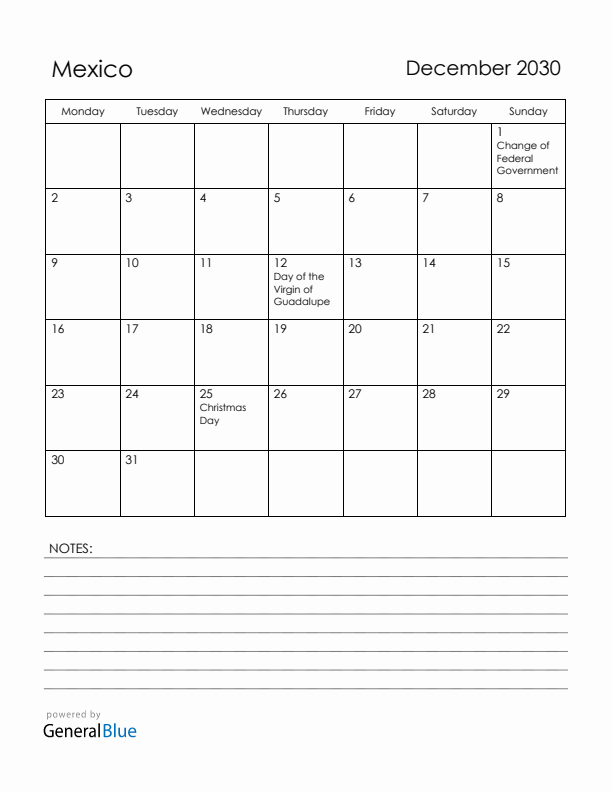 December 2030 Mexico Calendar with Holidays (Monday Start)