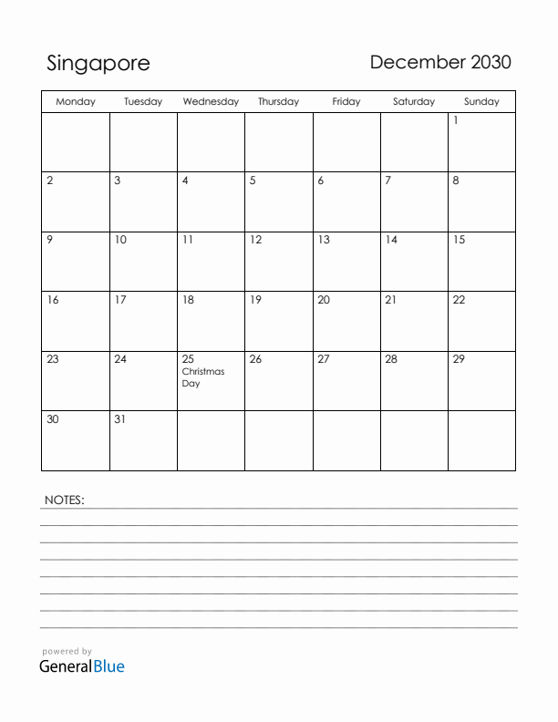 December 2030 Singapore Calendar with Holidays (Monday Start)