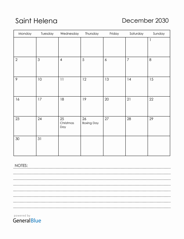 December 2030 Saint Helena Calendar with Holidays (Monday Start)