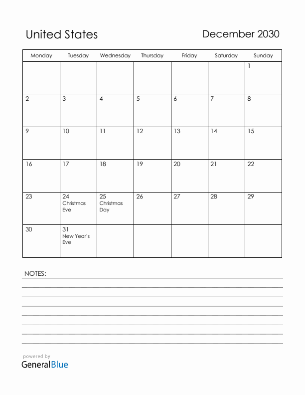 December 2030 United States Calendar with Holidays (Monday Start)