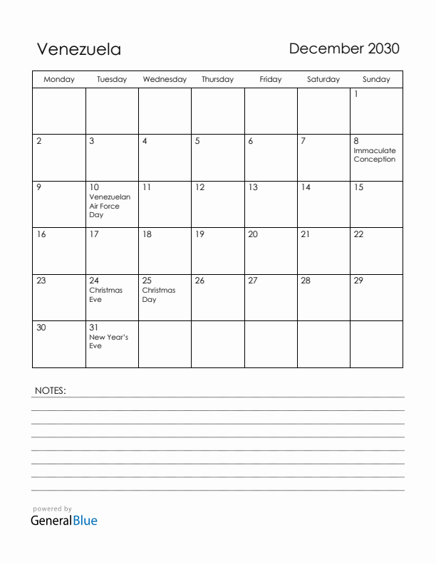 December 2030 Venezuela Calendar with Holidays (Monday Start)