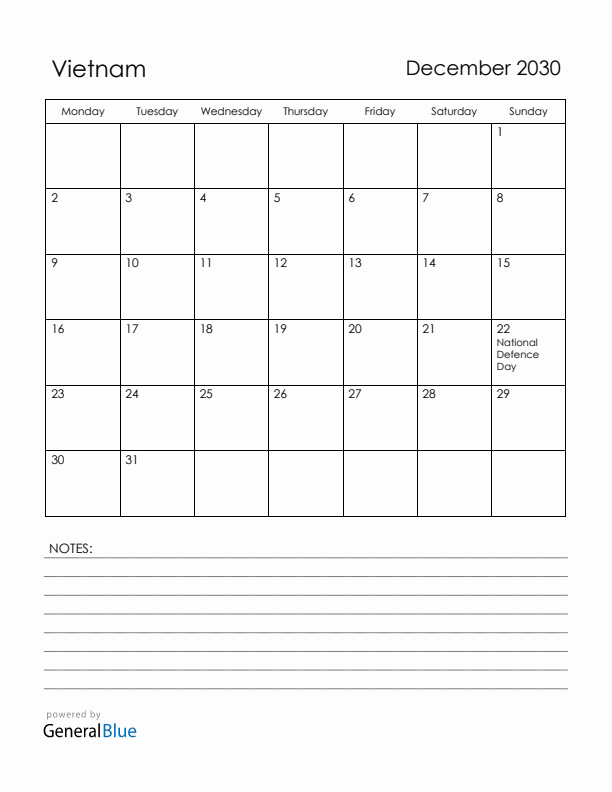 December 2030 Vietnam Calendar with Holidays (Monday Start)