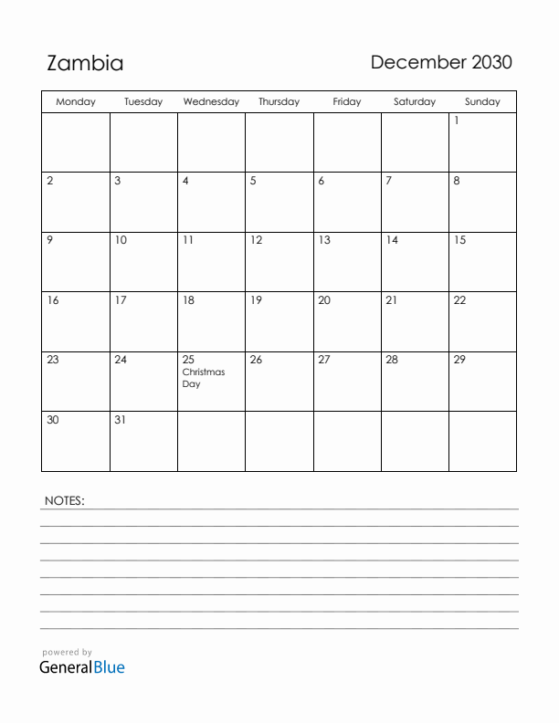 December 2030 Zambia Calendar with Holidays (Monday Start)