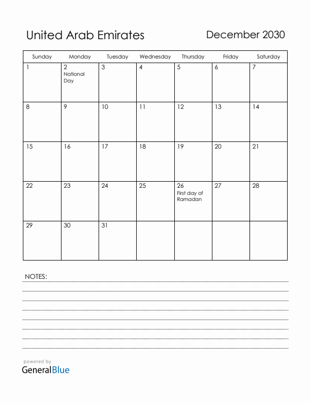 December 2030 United Arab Emirates Calendar with Holidays (Sunday Start)