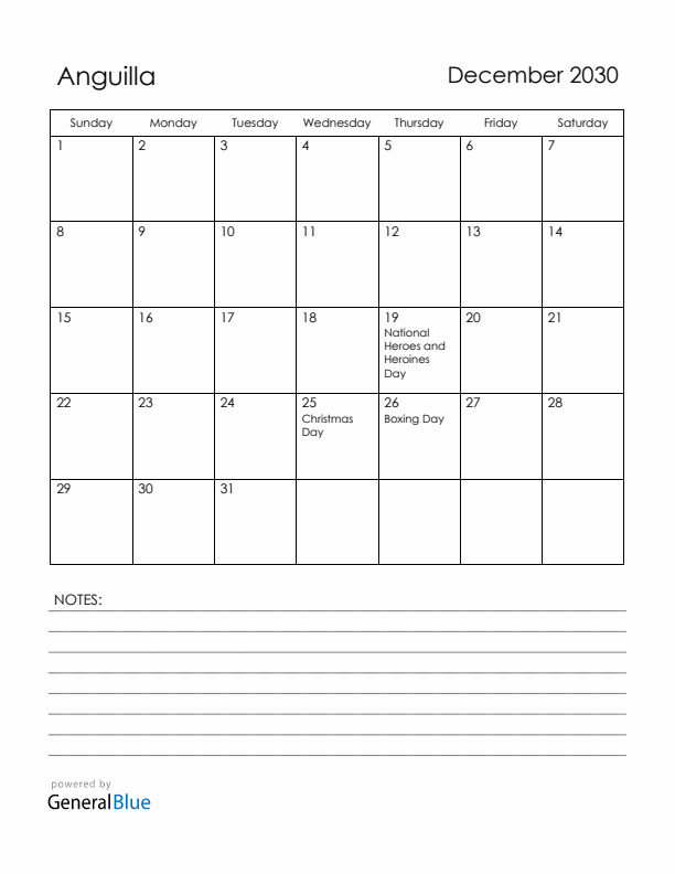 December 2030 Anguilla Calendar with Holidays (Sunday Start)