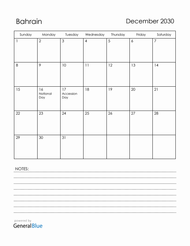 December 2030 Bahrain Calendar with Holidays (Sunday Start)