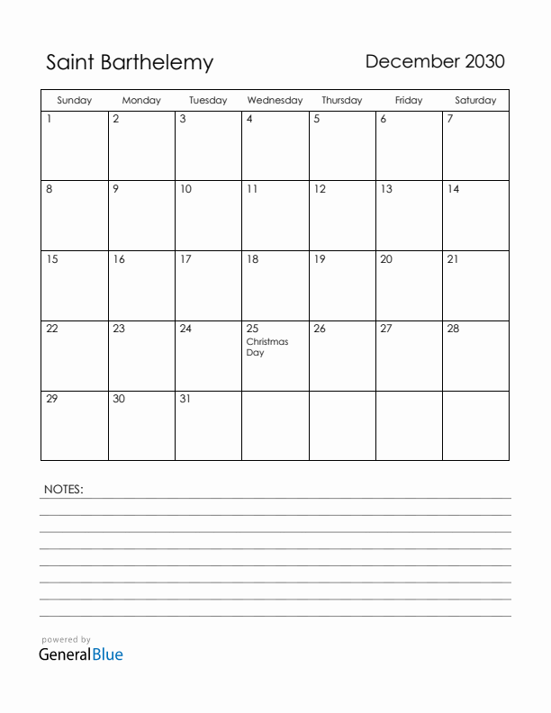 December 2030 Saint Barthelemy Calendar with Holidays (Sunday Start)