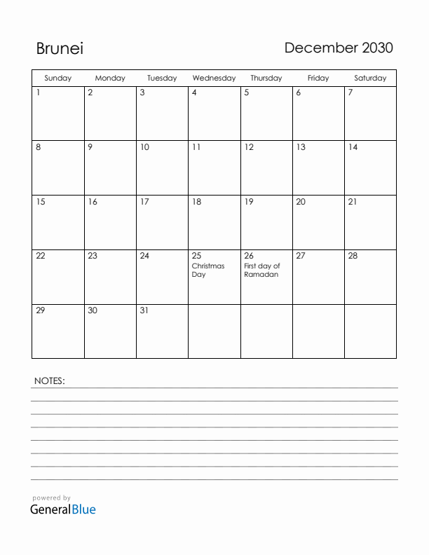 December 2030 Brunei Calendar with Holidays (Sunday Start)