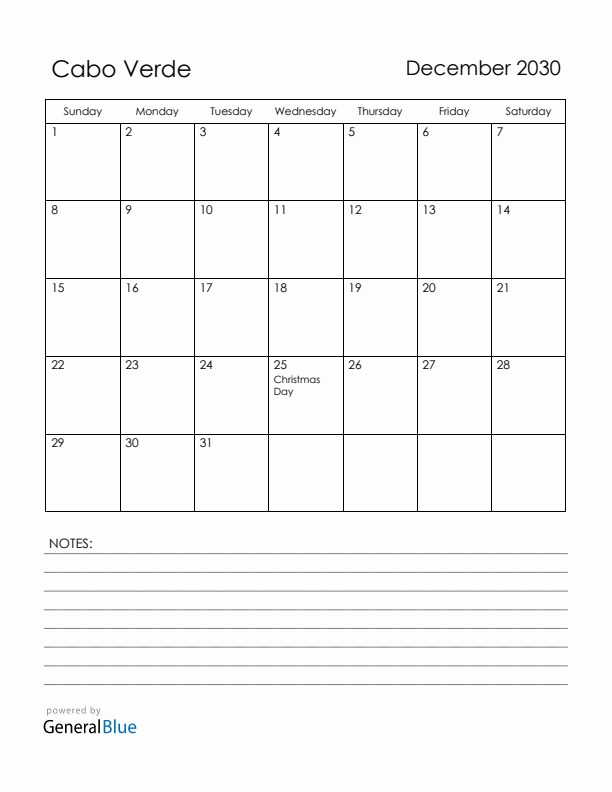 December 2030 Cabo Verde Calendar with Holidays (Sunday Start)