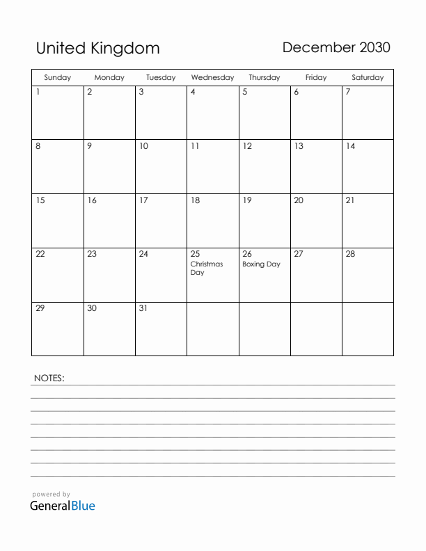 December 2030 United Kingdom Calendar with Holidays (Sunday Start)