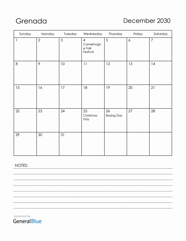 December 2030 Grenada Calendar with Holidays (Sunday Start)