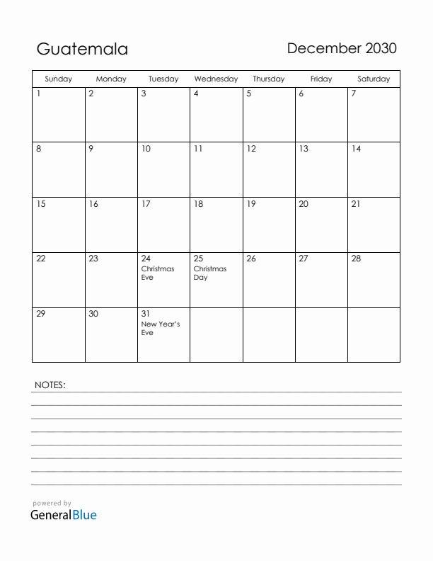 December 2030 Guatemala Calendar with Holidays (Sunday Start)