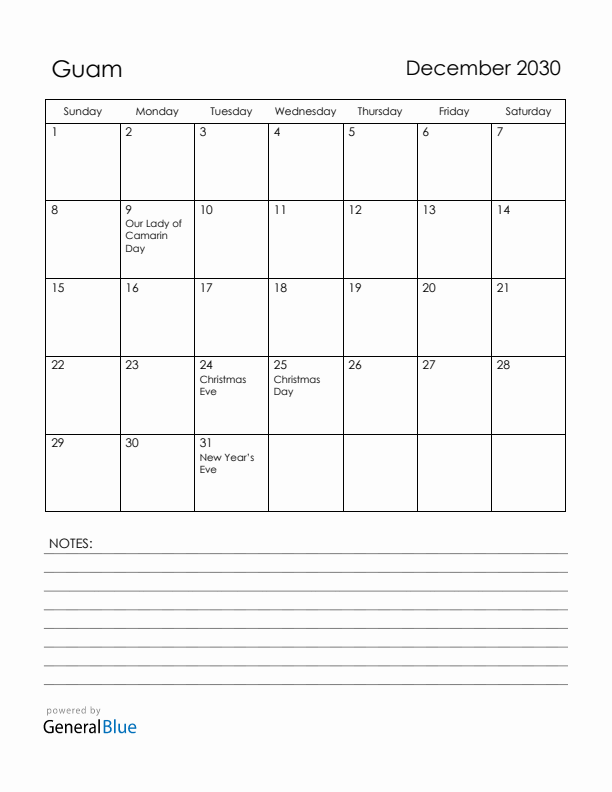December 2030 Guam Calendar with Holidays (Sunday Start)