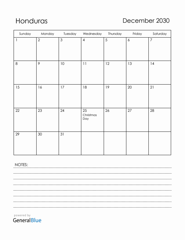 December 2030 Honduras Calendar with Holidays (Sunday Start)