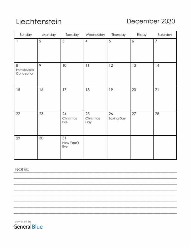 December 2030 Liechtenstein Calendar with Holidays (Sunday Start)