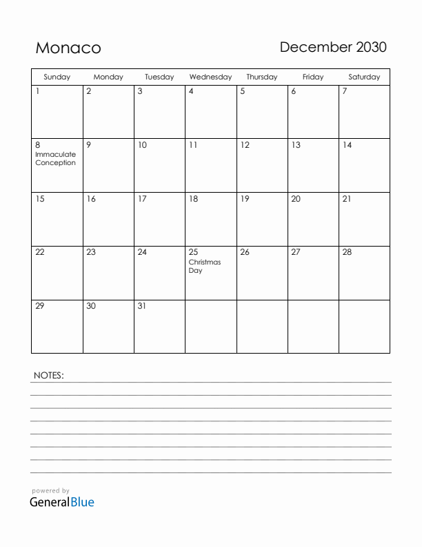 December 2030 Monaco Calendar with Holidays (Sunday Start)