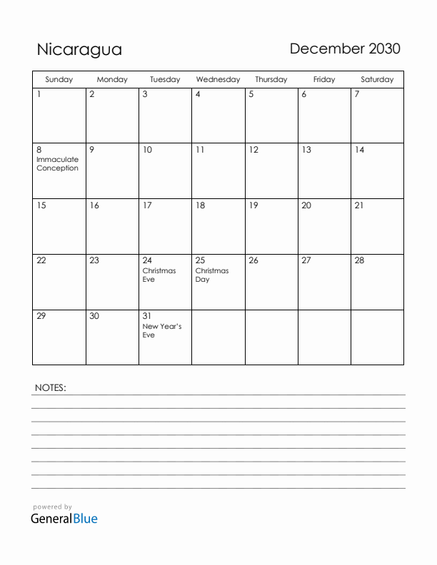 December 2030 Nicaragua Calendar with Holidays (Sunday Start)