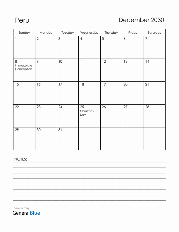December 2030 Peru Calendar with Holidays (Sunday Start)