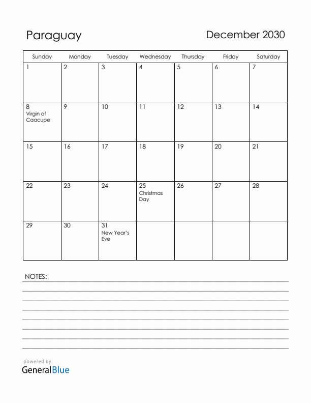 December 2030 Paraguay Calendar with Holidays (Sunday Start)