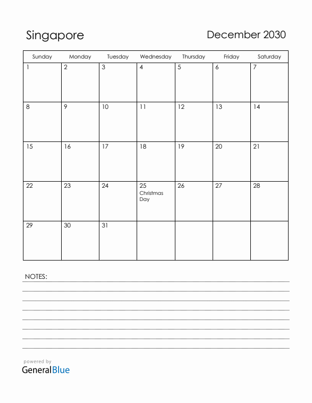 December 2030 Singapore Calendar with Holidays (Sunday Start)