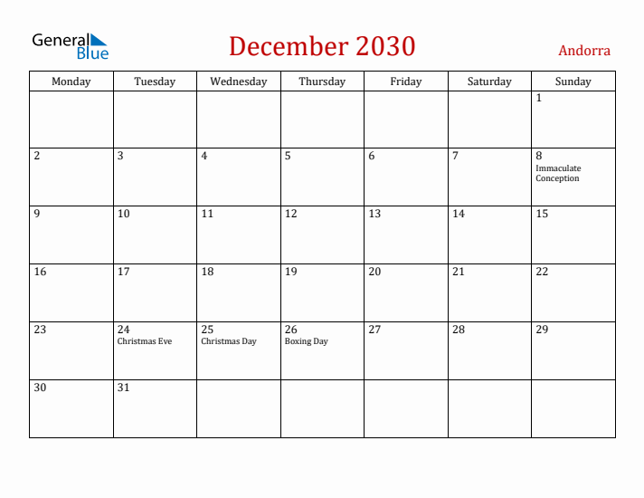Andorra December 2030 Calendar - Monday Start