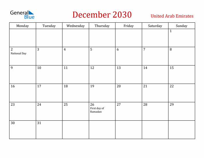 United Arab Emirates December 2030 Calendar - Monday Start