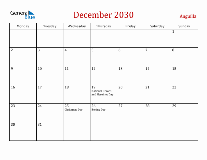 Anguilla December 2030 Calendar - Monday Start
