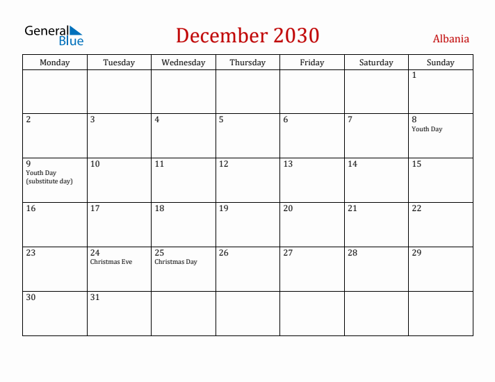 Albania December 2030 Calendar - Monday Start