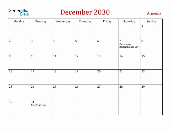 Armenia December 2030 Calendar - Monday Start