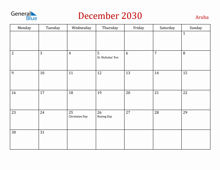Aruba December 2030 Calendar - Monday Start