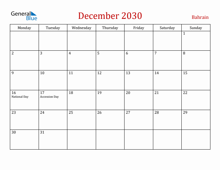 Bahrain December 2030 Calendar - Monday Start