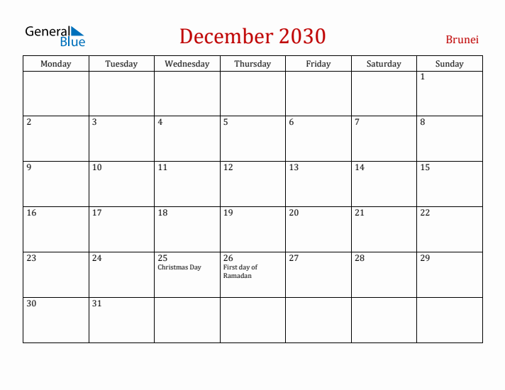 Brunei December 2030 Calendar - Monday Start