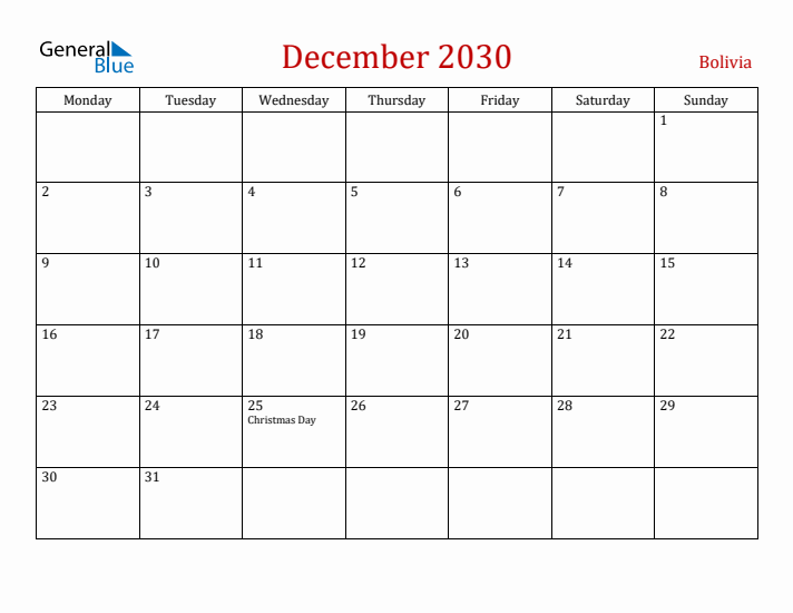 Bolivia December 2030 Calendar - Monday Start