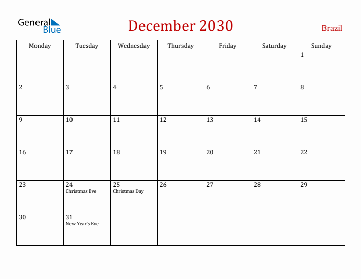Brazil December 2030 Calendar - Monday Start