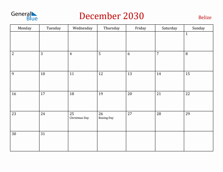 Belize December 2030 Calendar - Monday Start