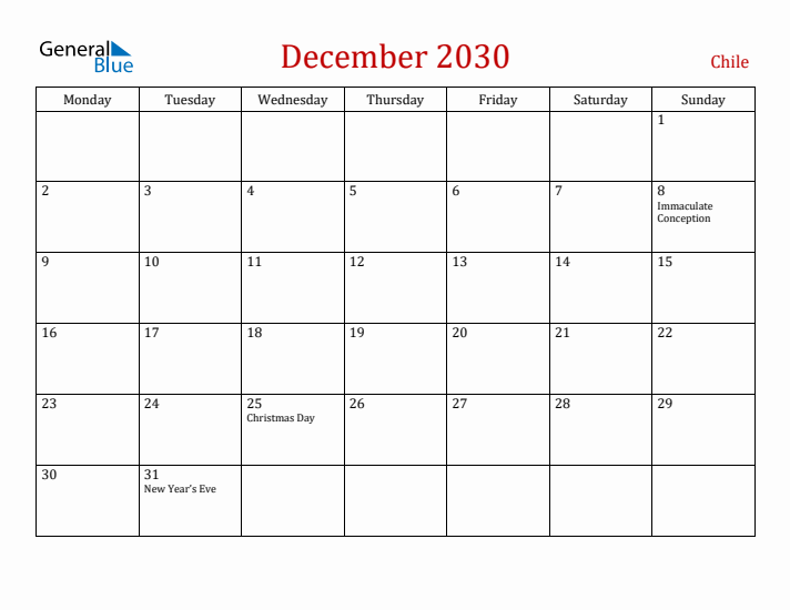 Chile December 2030 Calendar - Monday Start