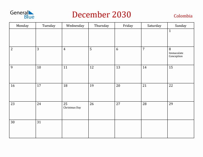 Colombia December 2030 Calendar - Monday Start