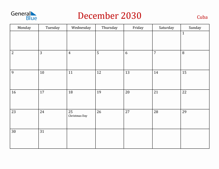 Cuba December 2030 Calendar - Monday Start