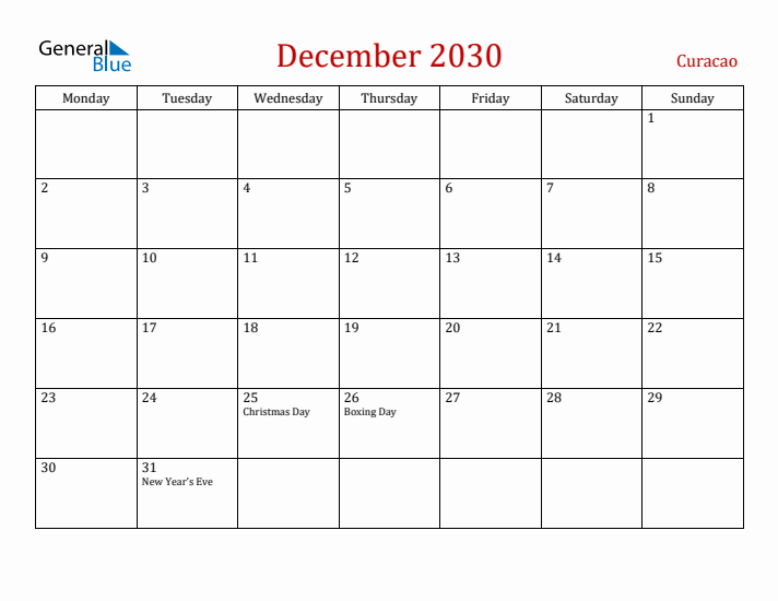 Curacao December 2030 Calendar - Monday Start
