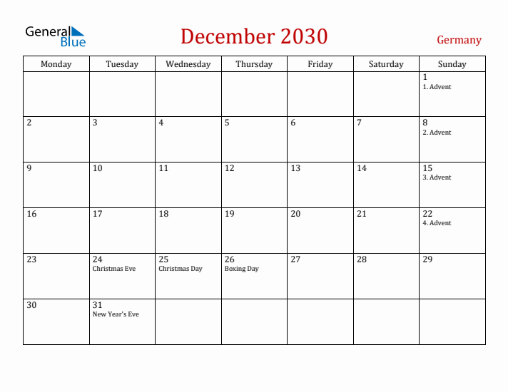 Germany December 2030 Calendar - Monday Start