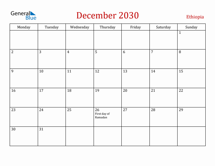 Ethiopia December 2030 Calendar - Monday Start