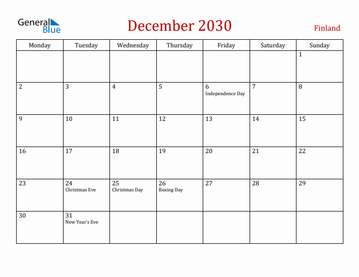 Finland December 2030 Calendar - Monday Start