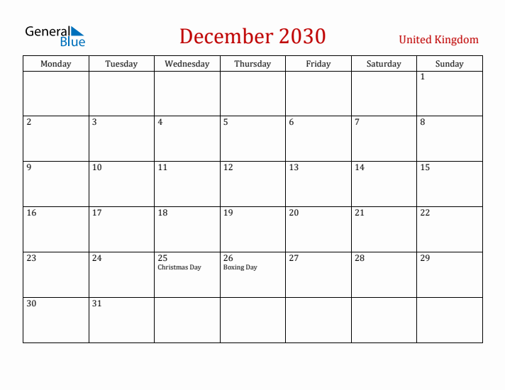 United Kingdom December 2030 Calendar - Monday Start