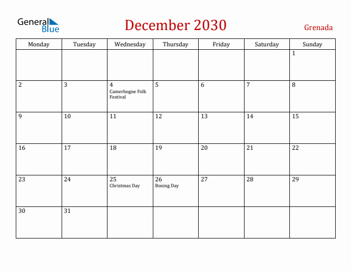 Grenada December 2030 Calendar - Monday Start
