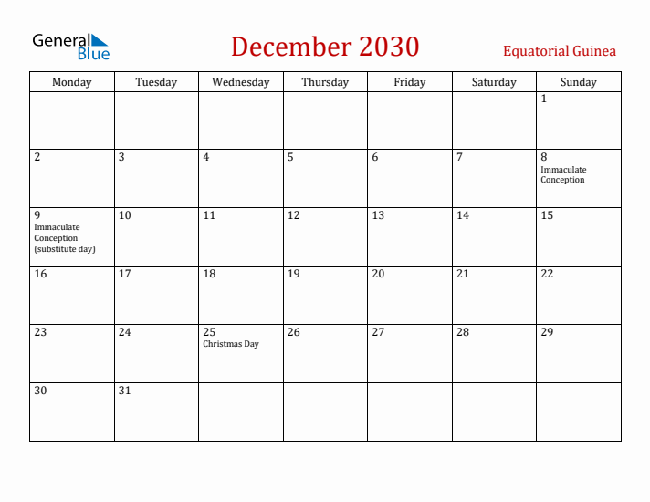 Equatorial Guinea December 2030 Calendar - Monday Start