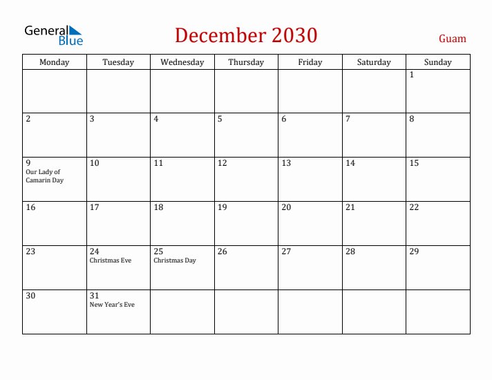 Guam December 2030 Calendar - Monday Start