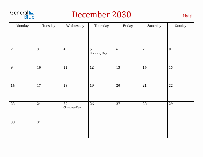 Haiti December 2030 Calendar - Monday Start